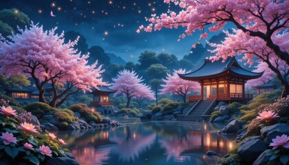 Night Garden: Pink Blossoms, Pagodas, Still Water, Starry Sky