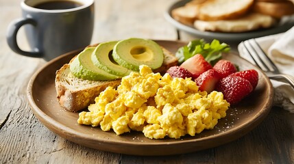 A plate of breakfast food with avocado, toast, and strawberries