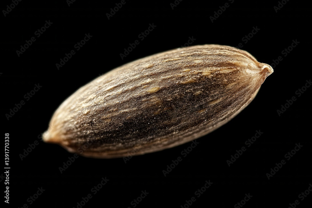 Poster Detailed close-up of a cumin seed showcasing its unique texture and shape against a dark background