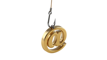 Gold "@" Symbol Hooked on Fishing Hook – Concept of Email Phishing and Cybersecurity Threat