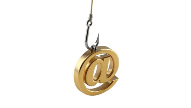 Gold "@" Symbol Hooked on Fishing Hook – Concept of Email Phishing and Cybersecurity Threat