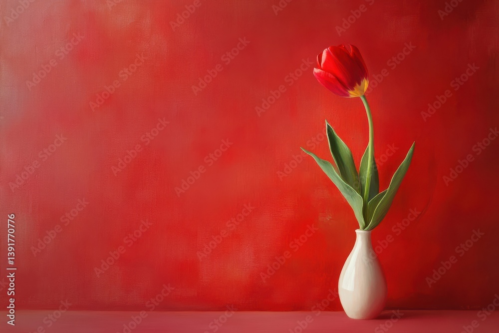 Poster bright red tulip in a simple white vase against a vibrant red background showcasing floral beauty an