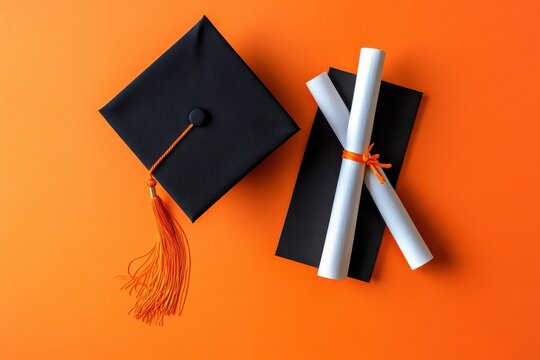 Bright orange background highlights graduation cap and diplomas showcasing academic achievement and celebration