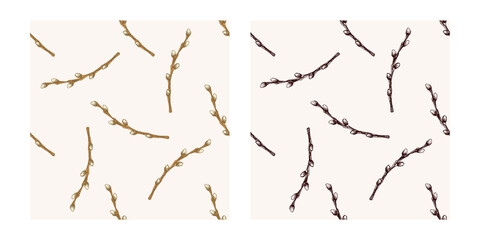 Hand drawn colored and black vintage seamless pattern of pussy willow branches for Easter