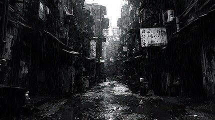 Urban alleyway, dark, rain, gloomy