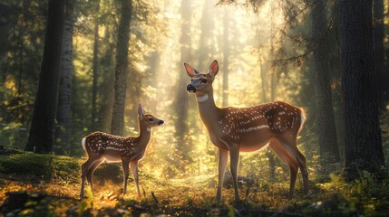 Deers in forest at sunrise; wildlife photography