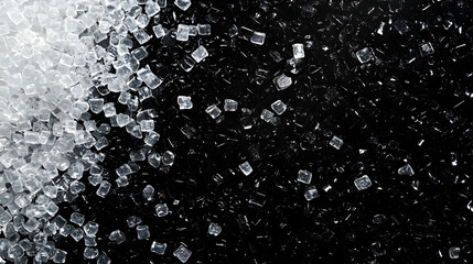 White and black sugar crystals on black background, food photography