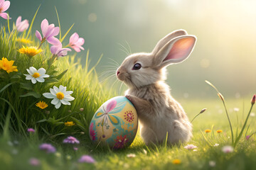 A realistic Easter bunny with soft fur and large ears holding a colorful painted egg, sitting on green grass with spring flowers around. The scene is bright and cheerful, evoking warmth and joy. Perfe