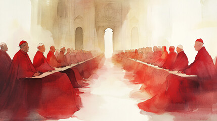 catholic conclave with red robed clergy in ceremonial hall, cardinals in formal religious assembly, abstract painting of papal election in grand cathedral architecture