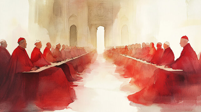 catholic conclave with red robed clergy in ceremonial hall, cardinals in formal religious assembly, abstract painting of papal election in grand cathedral architecture