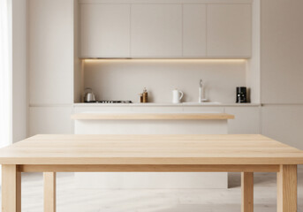 Fototapeta premium Modern Kitchen Interior Design with Wooden Table, Cabinets, Countertop, Appliances, and Kitchenware.