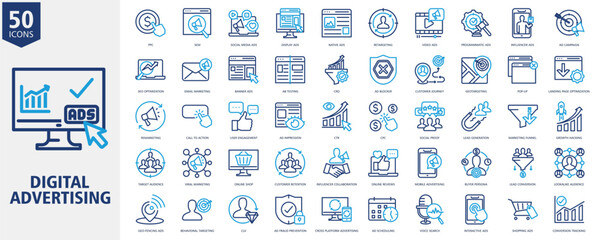 Digital Advertising Icon Set Outline duo tone Style with PPC, SEM, Social Media Ads, Display Ads, Native Ads, Retargeting, Video Ads, Programmatic Ads, Influencer Ads and Ad Campaign
