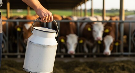 Farmer Carrying a Milk Can in a Modern Cow Barn, Dairy Farm, Rural Scene, Agriculture