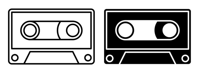 Linear icon. Obsolete magnetic tape audio cassette. Device for recording audio files and music onto magnetic tape. Simple black and white vector isolated on white background