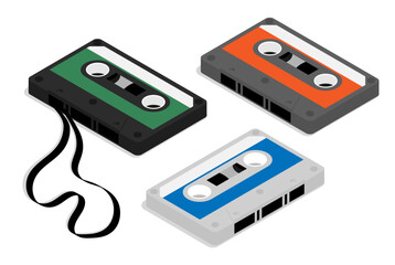 Isometric set of old technology magnetic tape audio cassette. Device for recording audio files and music onto magnetic tape. Realistic 3D vector concept isolated on white background