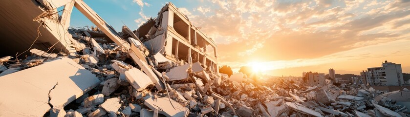 Ruined buildings in cloudy sunset after earthquake
