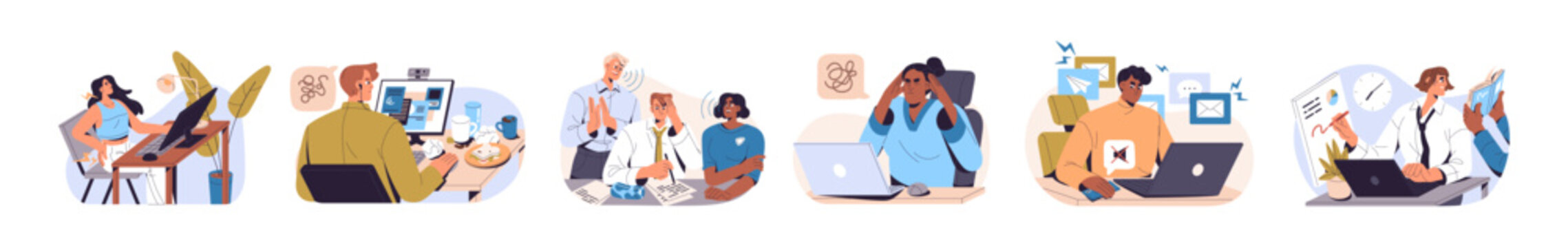 Concept set of focused people. Concentrated office workers don't pay attention to distractions. Employees work, ignore disturbing and annoying around. Flat isolated vector illustrations on white