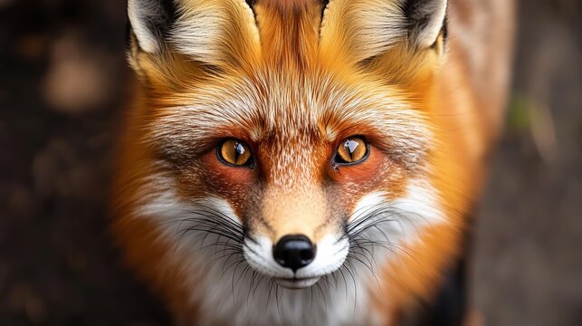 Close up portrait of a red fox with striking amber eyes looking directly at the camera with focus