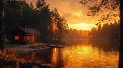 Fototapeta premium Lakeside cabin sunset tranquility
