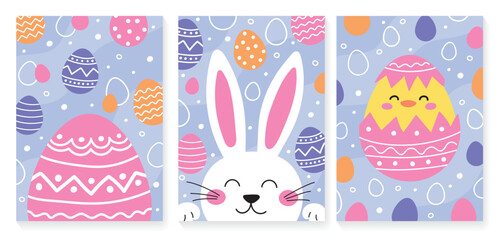Fototapeta premium Happy Easter - greeting card set. Easter bunny, egg and cute chick. Colourful hand drawn elements in cartoon style. Vector illustration