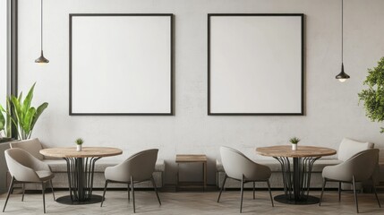 Empty cafe interior with blank frames