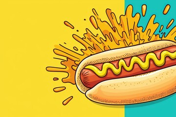 Vibrant hot dog with mustard and sauce burst design