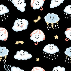 Seamless pattern of cute kawai clouds, stars, raindrops and umbrella on black background.