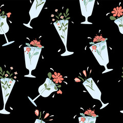 Seamless pattern with abstract spring flowers in wine drinking glass. Spring flower drink. Fashion spring, summer print template.