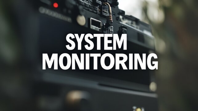 System Monitoring, Close-Up of Industrial Electronic Device with Glowing Display and Text Overlay
