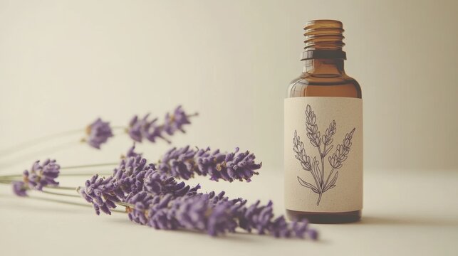 aromatherapy product, lavender oil bottle displayed with fresh sprig beside it against a white background