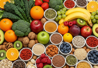 Colorful, Healthy Food Assortment Fruits, Vegetables, Nuts, Seeds - Balanced Diet, Vegan, Organic, Vitamins.