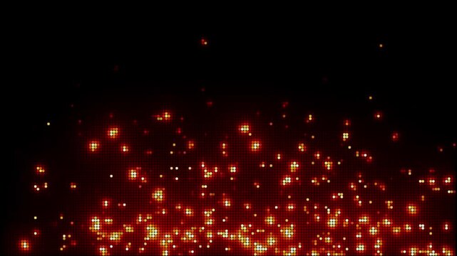 Animation of fire sparkles on black background. Burning in dots or small circles pattern. Pixels for gaming template