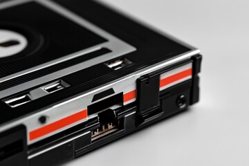 Close-up of a vintage audio cassette tape.  Detailed view of the cassette's mechanisms, including ports, tape path, and casing