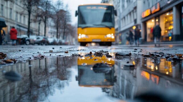 City bus puddle reflection, street scene