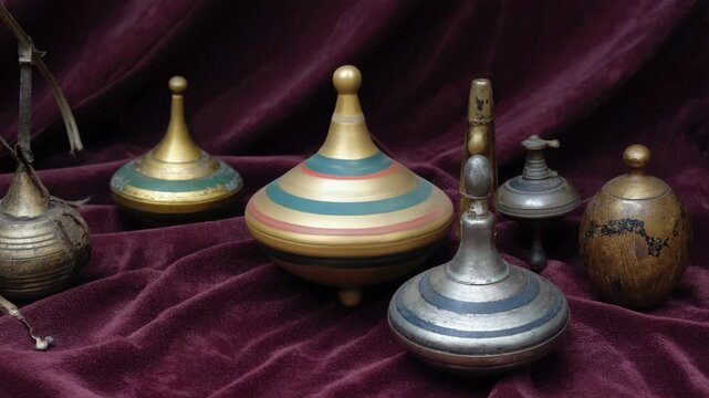 A collection of old-fashioned spinning tops are displayed on a red velvet cloth. The tops are of various sizes and colors, and they appear to be antique