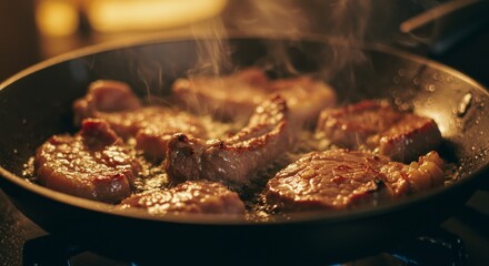 Meat is currently being cooked in a frying pan placed on a stove