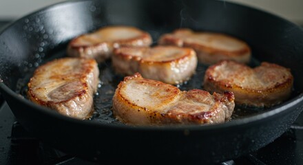 Meat is currently being cooked in a frying pan placed on a stove