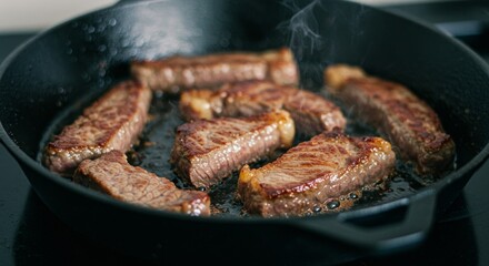 Meat is currently being cooked in a frying pan placed on a stove