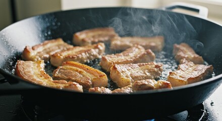 Meat is currently being cooked in a frying pan placed on a stove