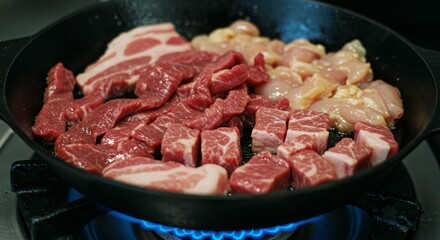 Meat is currently being cooked in a frying pan placed on a stove