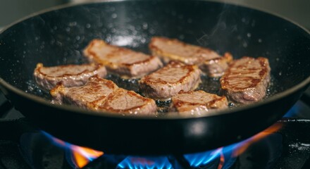 Meat is currently being cooked in a frying pan placed on a stove