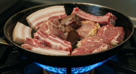 Meat is currently being cooked in a frying pan placed on a stove