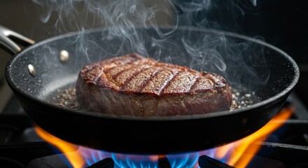 Meat is currently being cooked in a frying pan placed on a stove