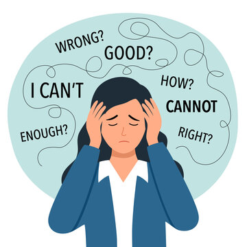 Businesswoman confusion or imposter syndrome. Self doubt on her head not good, enough ,thinking, can and cannot make no confidence to make decision self concept