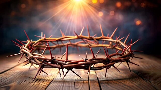 Crown of thorns of Jesus Christ on old wood from crucifixion 4K