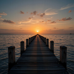 Fototapeta premium Wooden pier stretching into a serene sunset over calm ocean waters.