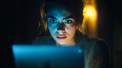 stressed professional businesswoman working late hours glowing laptop screen office executive female career worker corporate productivity focus night digital work