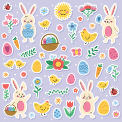 Easter sticker set with cute elements: bunny, chick, egg and flower. Cartoon style characters. Vector illustration
