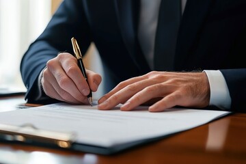 Close-up photo of businessman's hands signing documents at desk, man at work in business suit