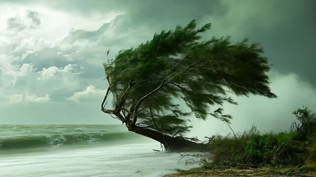 Lone tree bends dramatically under fierce storm winds and waves